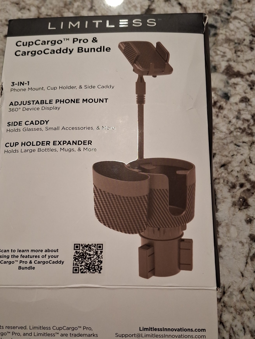 Limitless NEW 3-IN-1 Cup Holder Expander with 360° Phone Mount - TAN Side Caddy